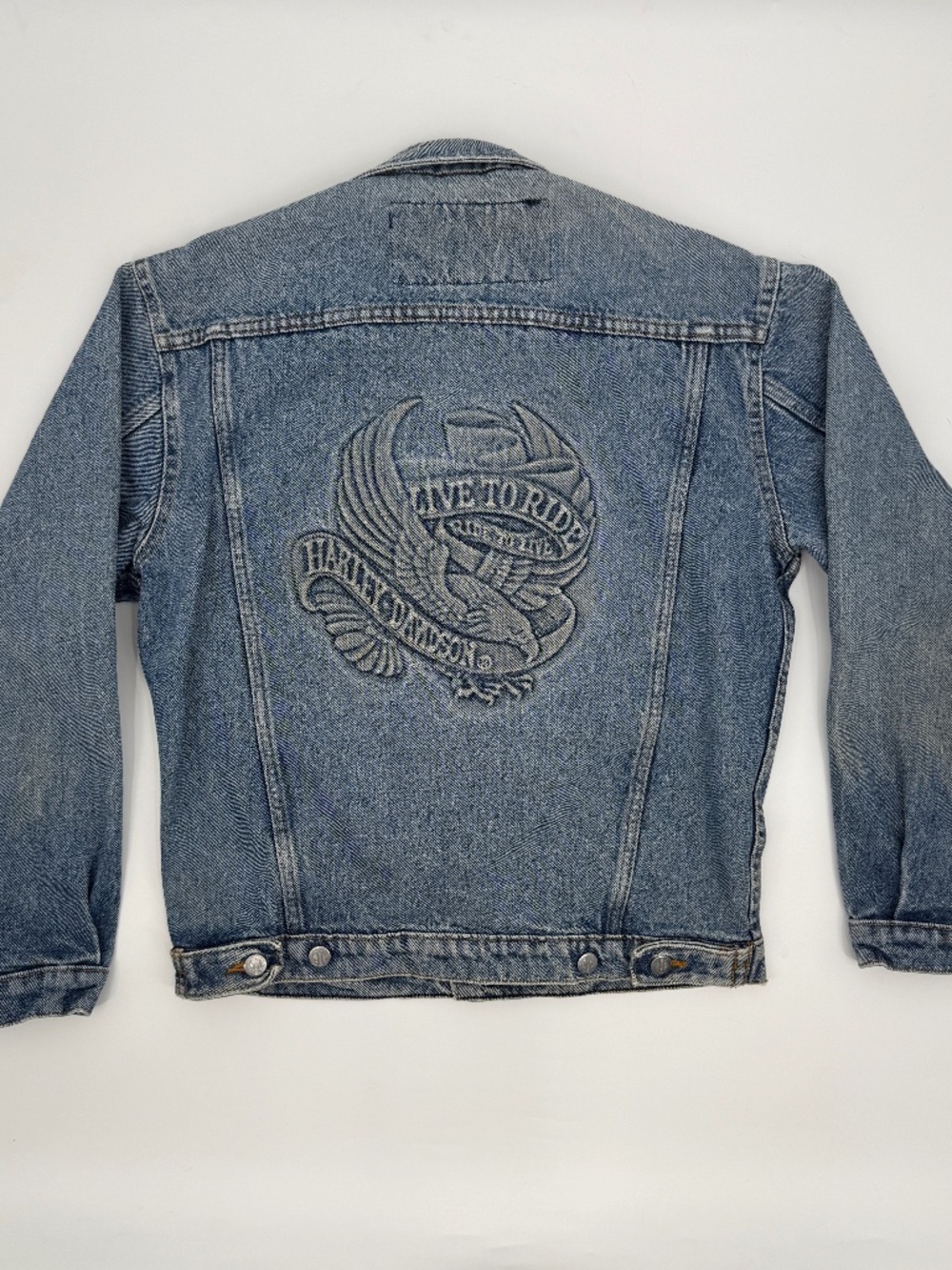 VTG 90s Harley Davidson Embossed Eagle Trucker Denim Jacket Bikercore Women S